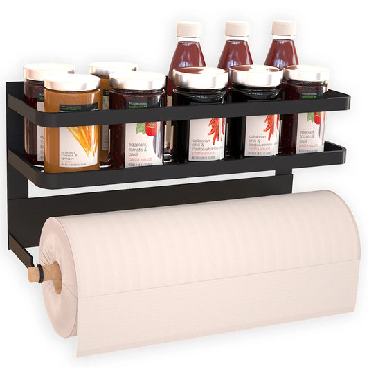 Magnetic Spice Rack & Paper Towel Holder for Refrigerator – Heavy-Duty Iron Kitchen Organizer Shelf with Towel Bar